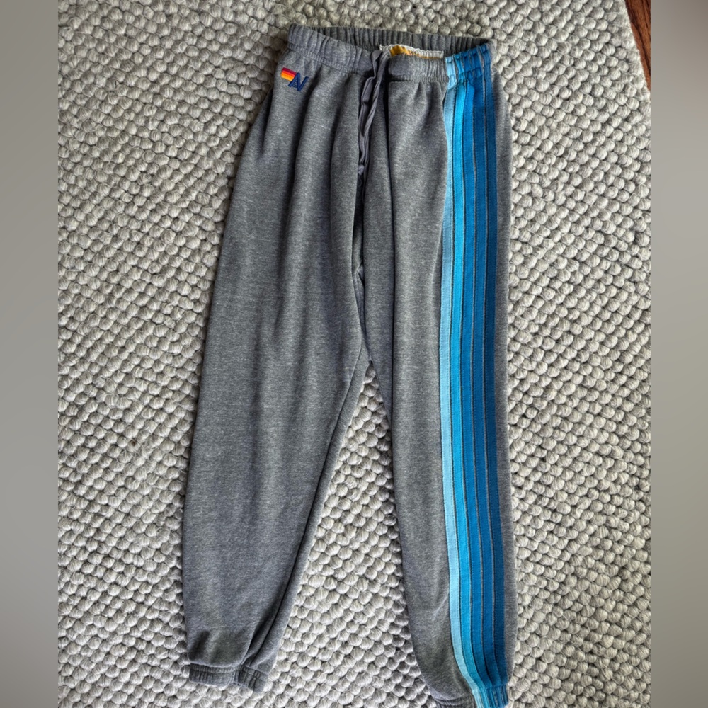 Aviator Nation 5 Stripe Gray Sweatpants with Blue Accents